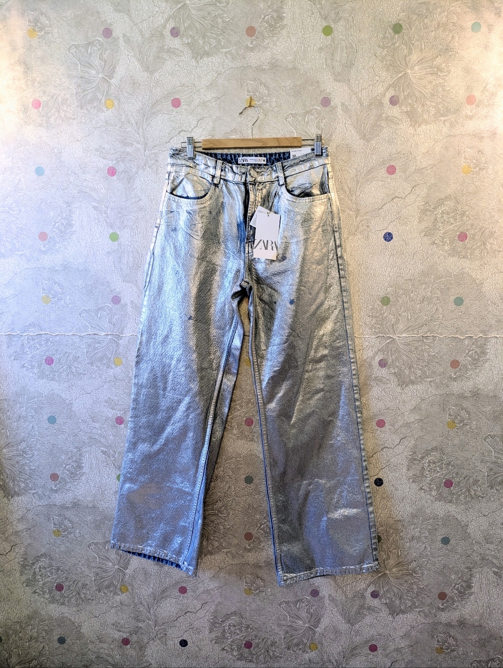 ZARA Silver Metallic Mid-Rise Straight Leg Jeans NWT